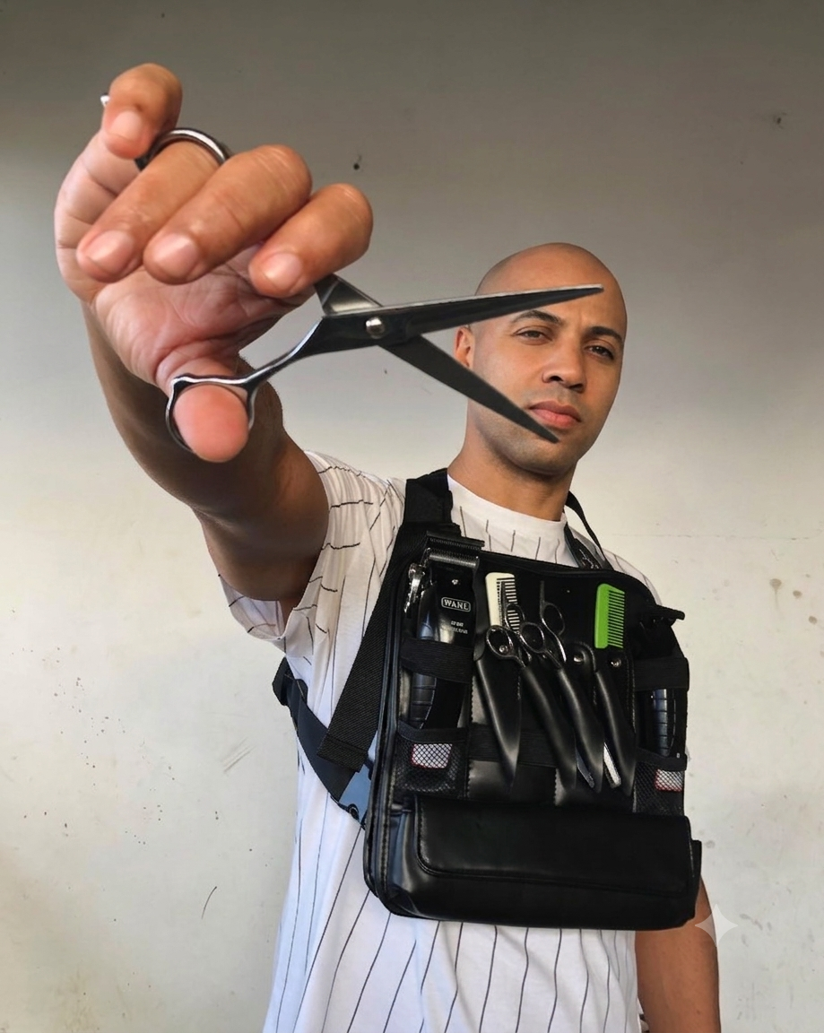 Tiago Barbeiro segurando uma tesoura, com cinto de ferramentas de barbeiro